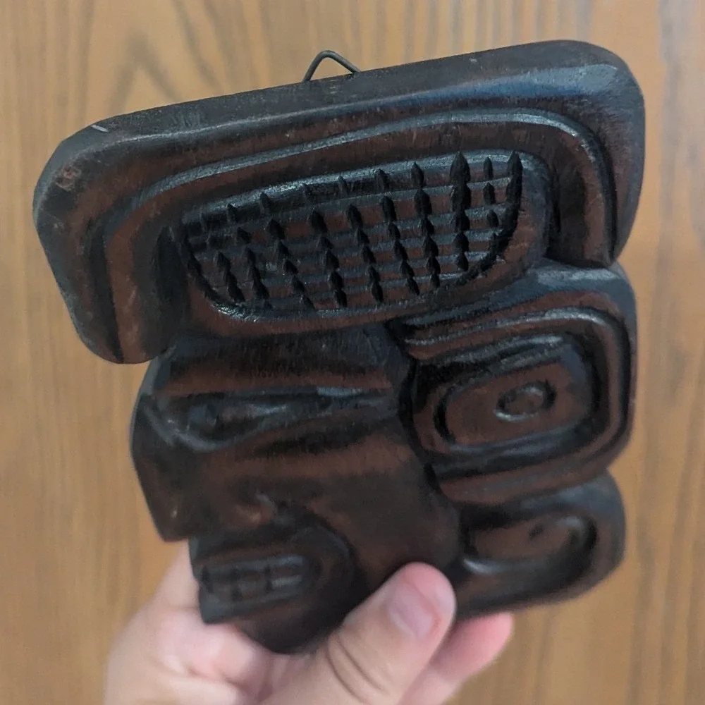 Vintage Honduras Hand Carved Wood Mayan Aztec Face Wall Plaque Folk Art Decor